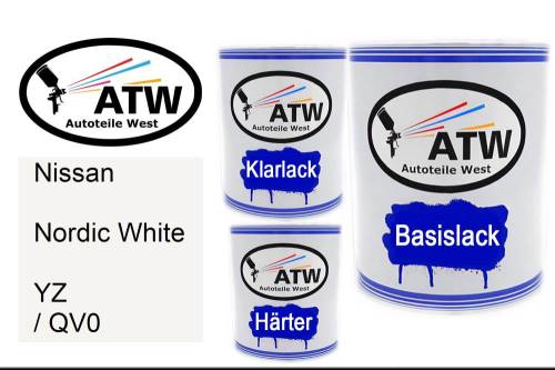 Nissan, Nordic White, YZ / QV0: 1L Lackdose + 1L Klarlack + 500ml Härter - Set, von ATW Autoteile West.